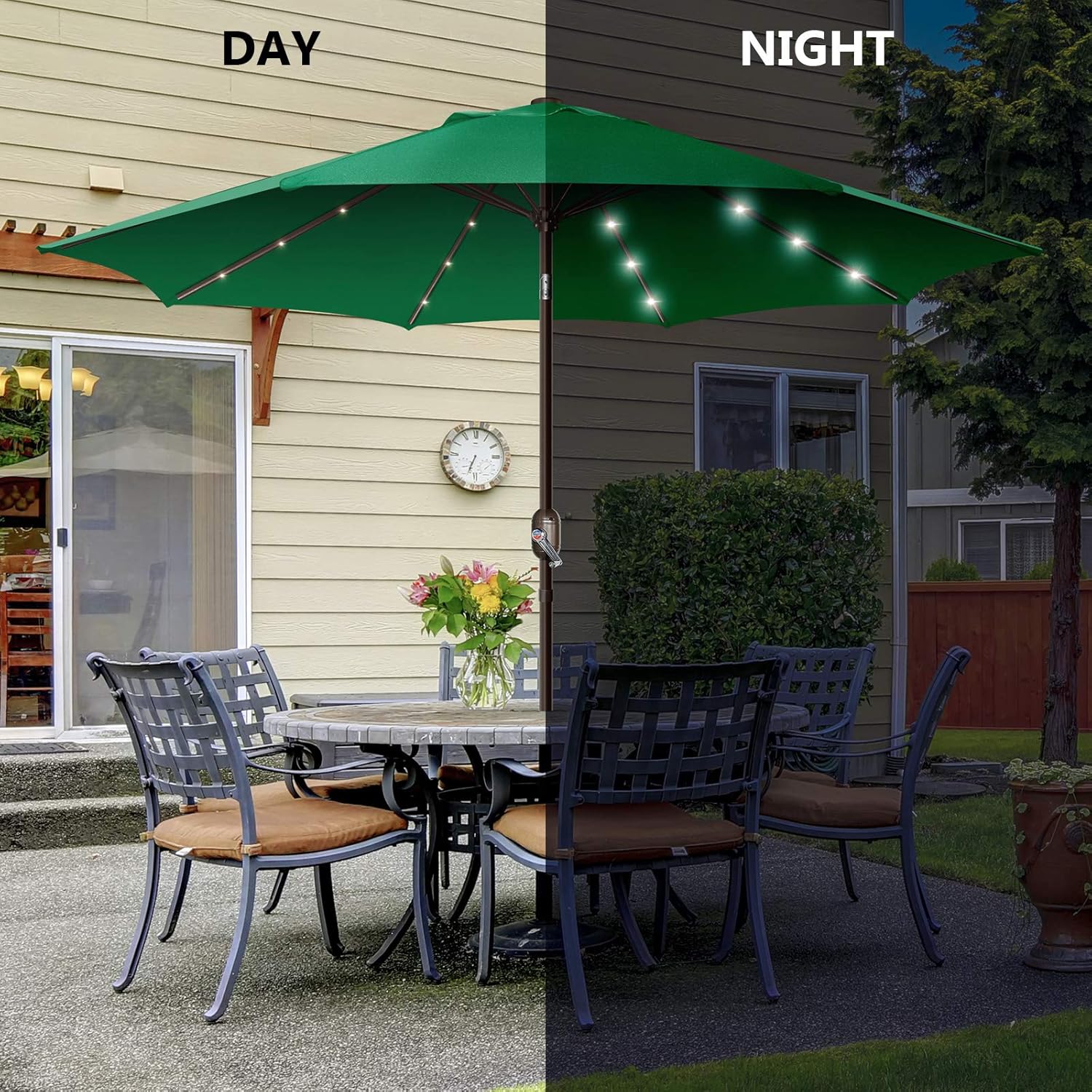 Patio Umbrella with Solar Lights, 9ft, 24 LED, Grass Green, Outdoor Umbrella with Push Bottom Tilt & Crank