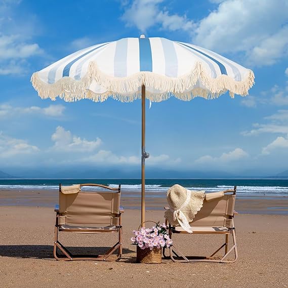 6.5ft Boho Beach Umbrella with Fringe, UPF 50+ Tassel Umbrellas with Carry Bag