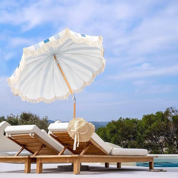 6.5ft Boho Beach Umbrella with Fringe, UPF 50+ Tassel Umbrellas with Carry Bag