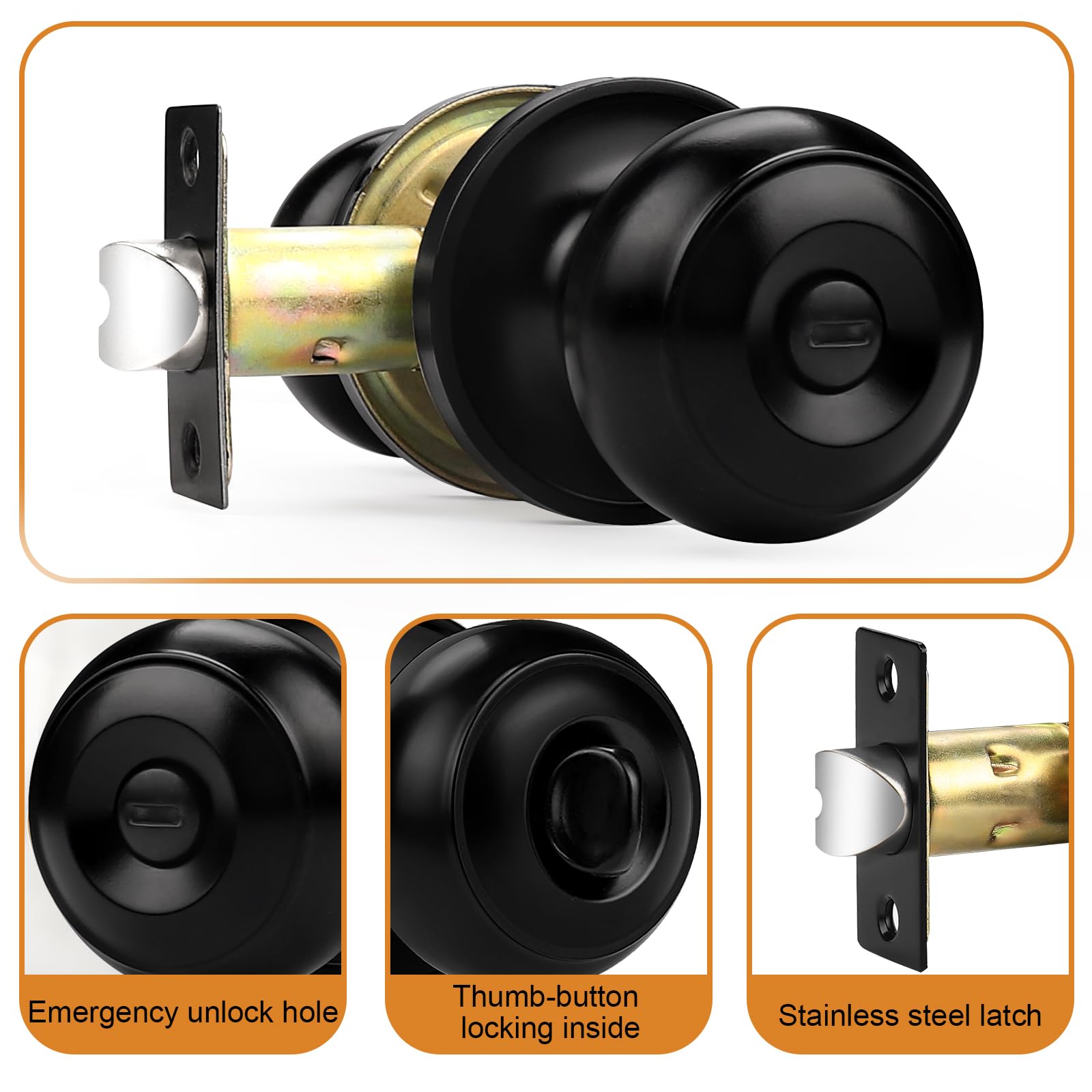Probrico Black Door Knobs for Bedroom Bathroom, Interior Door Knob with Round Ball, Matte Black Privacy Door Knob, 6 Pack