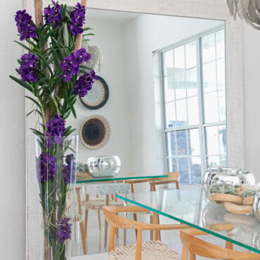 Orchidées Vanda violettes et bois flotté à l'intérieur d'un cylindre en verre conique surdimensionné