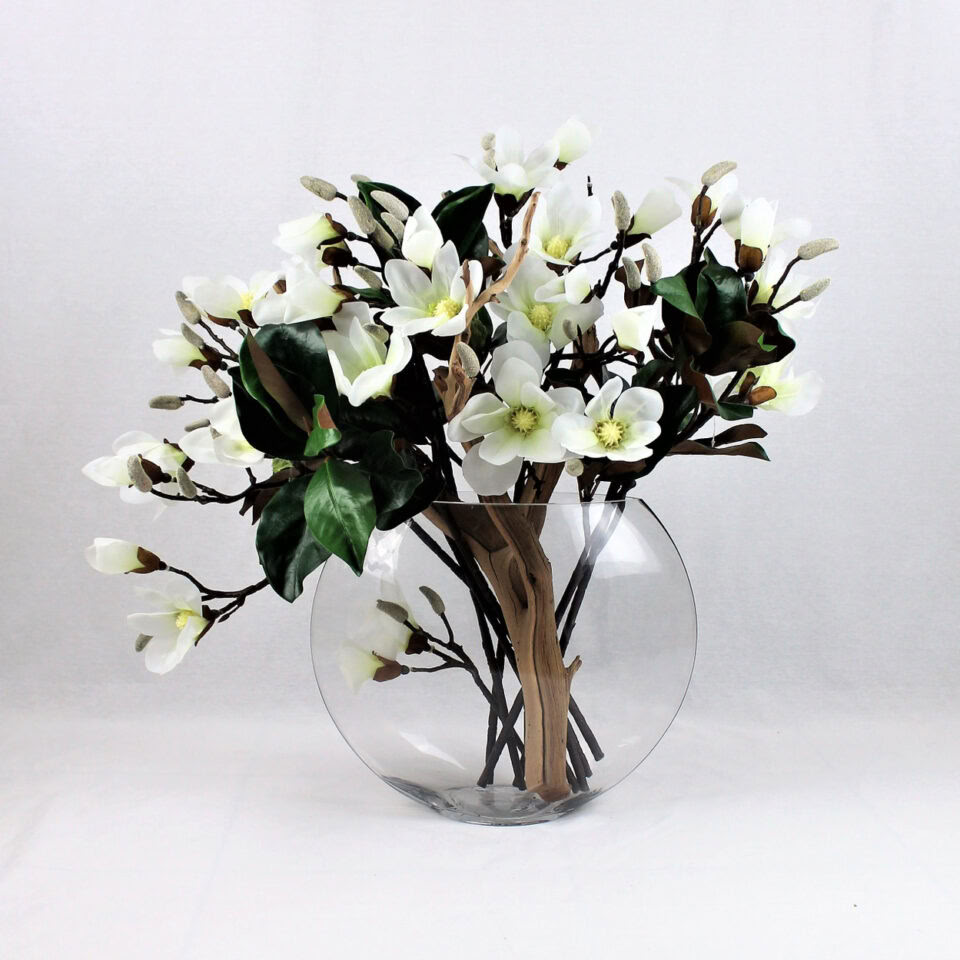 Vase lune avec magnolias blancs