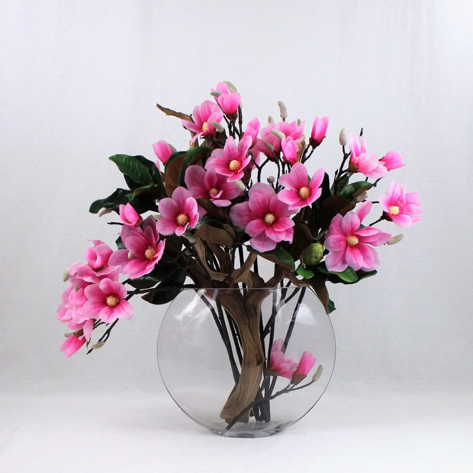 Vase lune avec magnolias roses