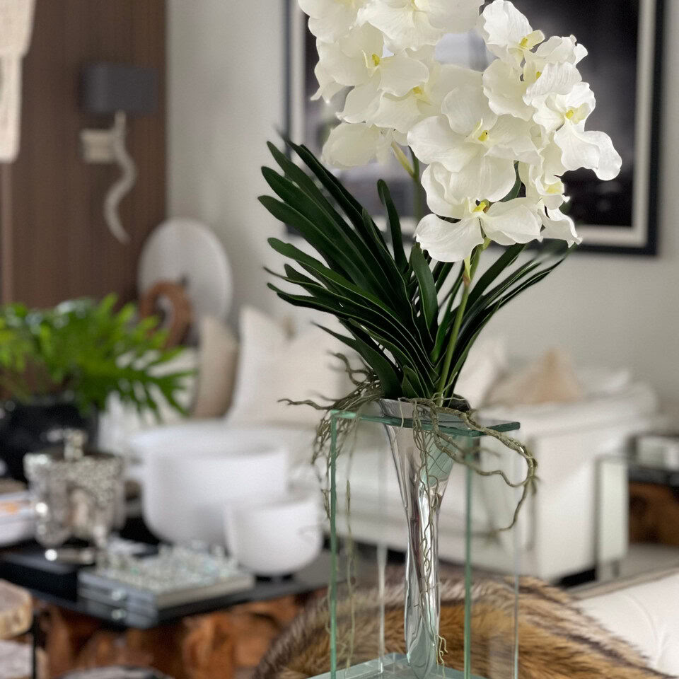 Vase flottant en aluminium Elvis avec orchidées Vanda artificielles