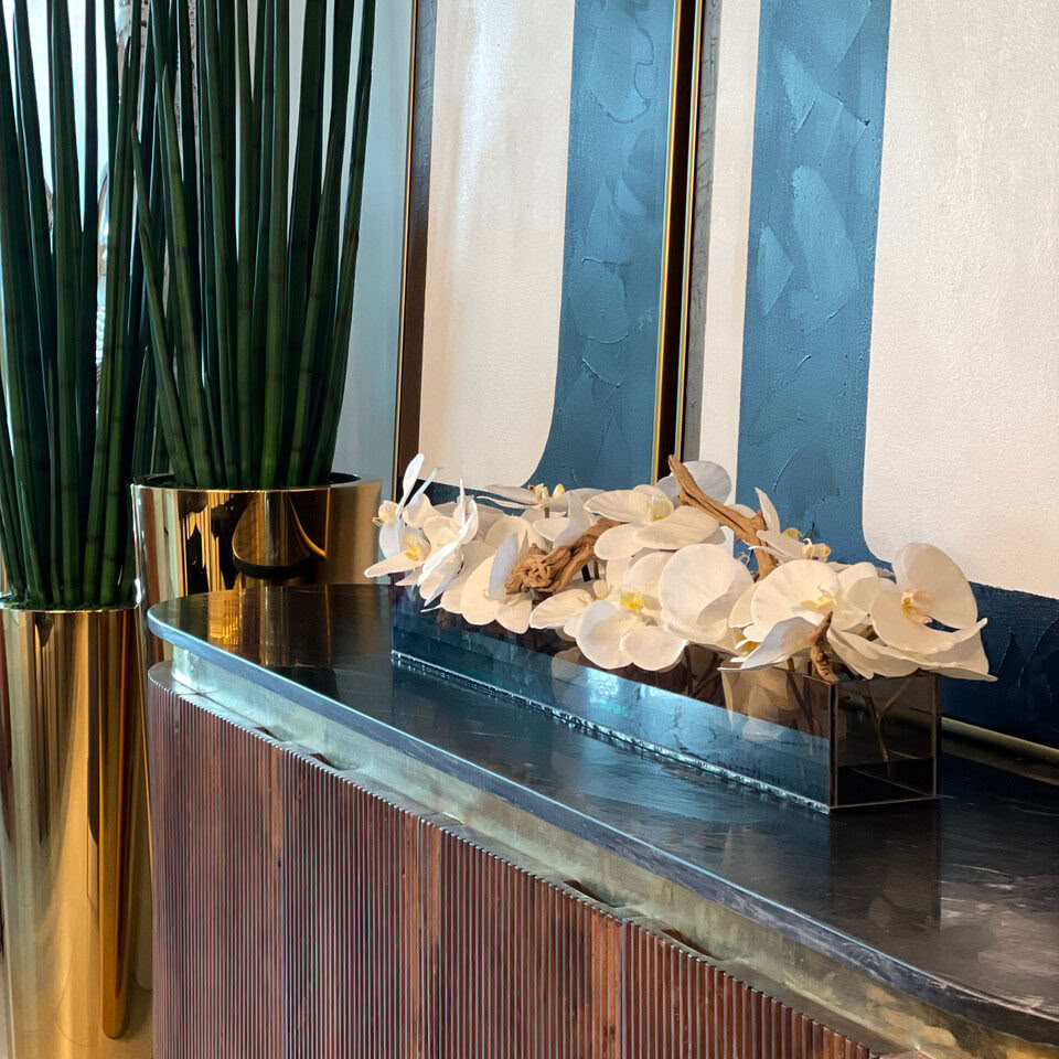 Jardinière en verre teinté noir Casa Moderna 48″ avec orchidées Phalaenopsis blanches