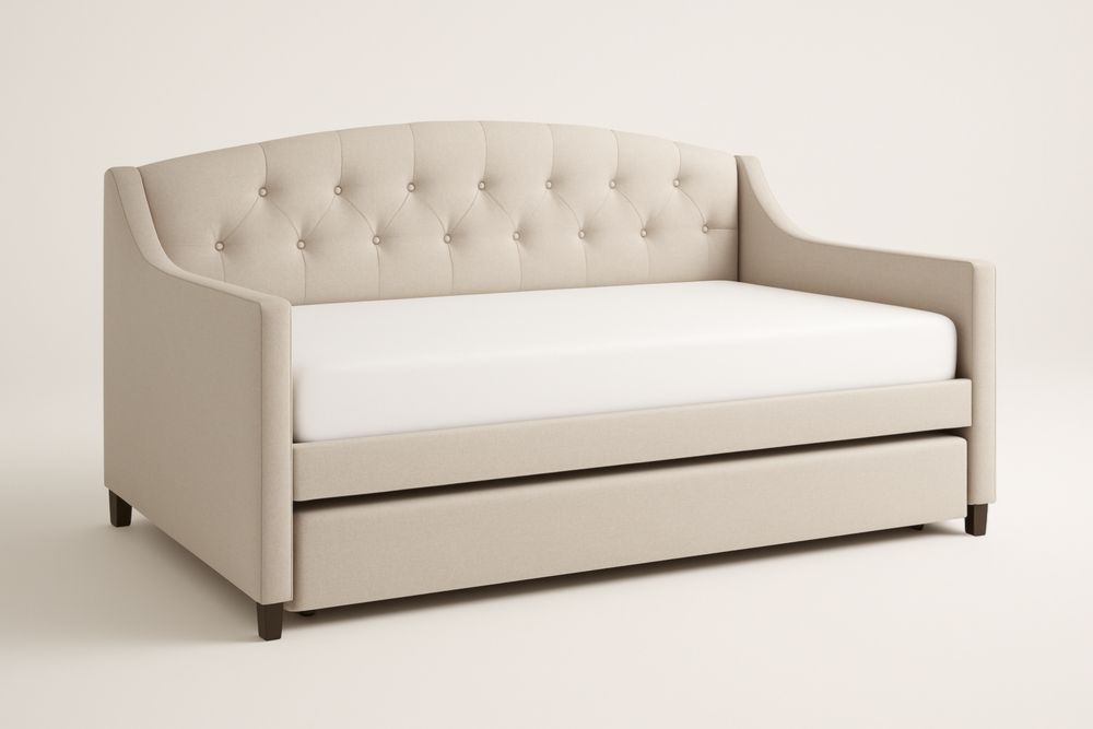 Lit-banquette en tissu beige avec matelas et lit tiroir
