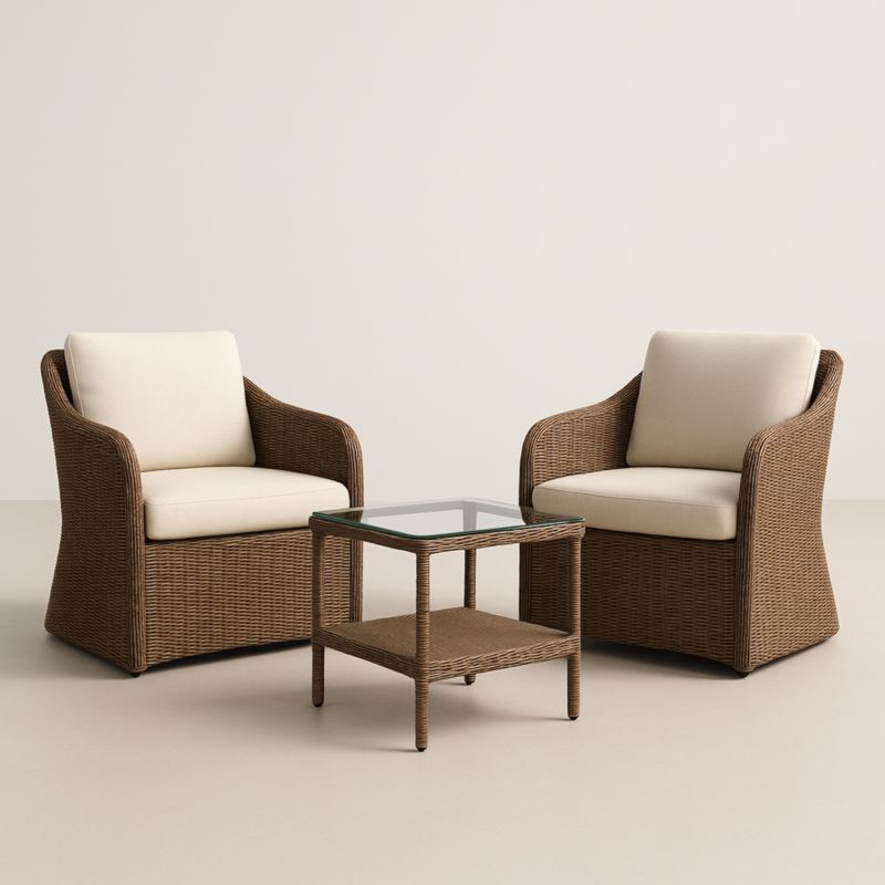 Ensemble de salon de jardin en rotin avec coussins beige et table en verre