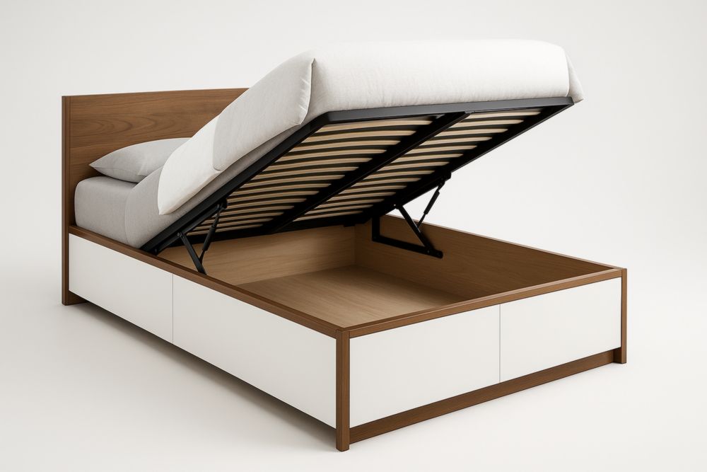 Lit double avec espace de rangement, structure bois et métal