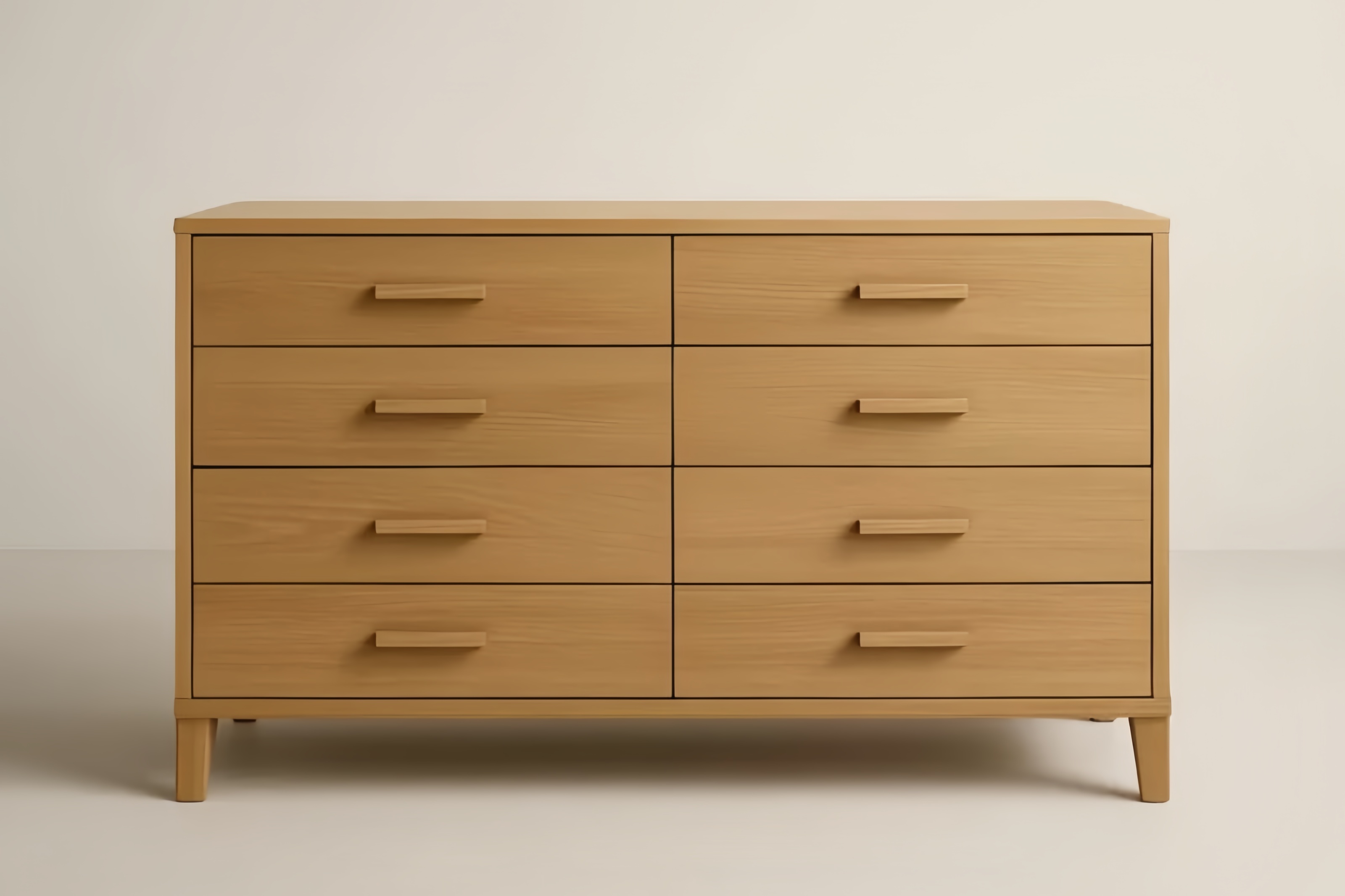 Commode 120x40x80 cm en MDF avec placage chêne et pieds en chêne massif, 8 tiroirs, finition vernis transparent, couleur chêne clair