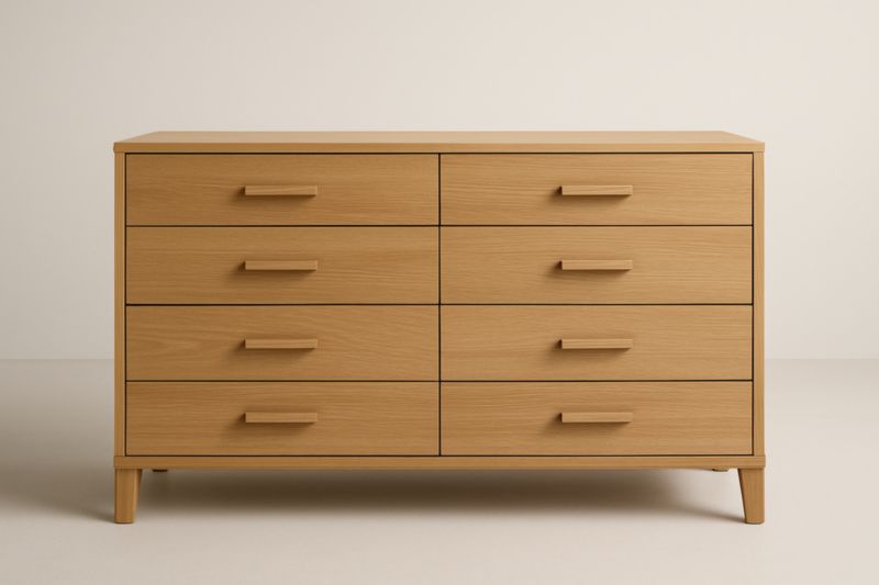 Commode 120x40x80 cm en MDF avec placage chêne et pieds en chêne massif, 8 tiroirs, finition vernis transparent, couleur chêne clair