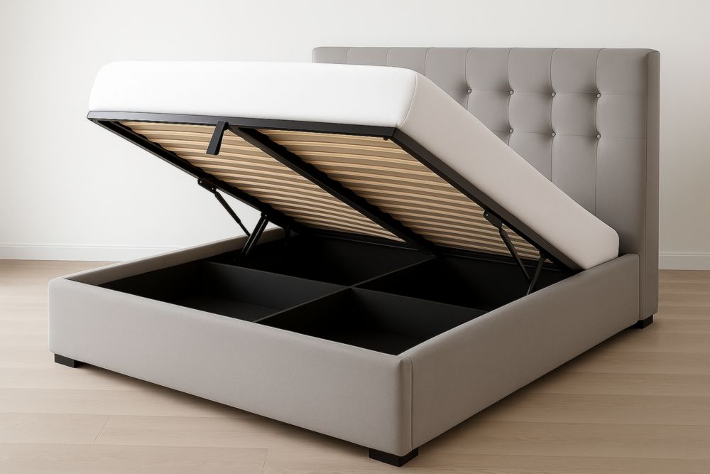 Lit coffre en tissu gris avec espace de rangement