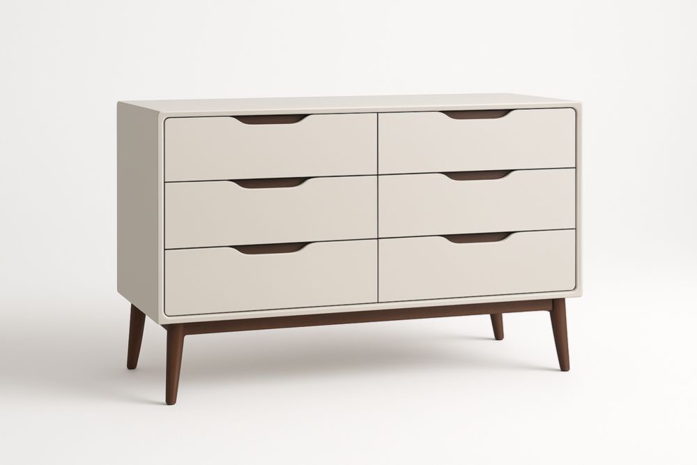 Commode en Bois MDF et Hévéa 6 Tiroirs Beige Brun 120cm