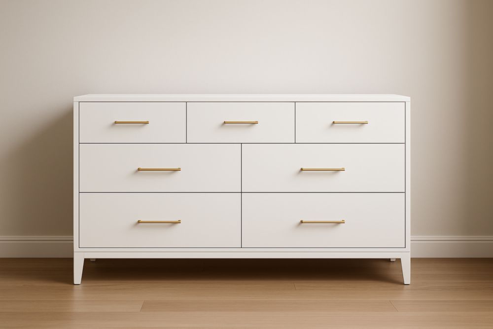 Commode en bois MDF avec 7 tiroirs et poignées en acier doré 120x40x75 cm