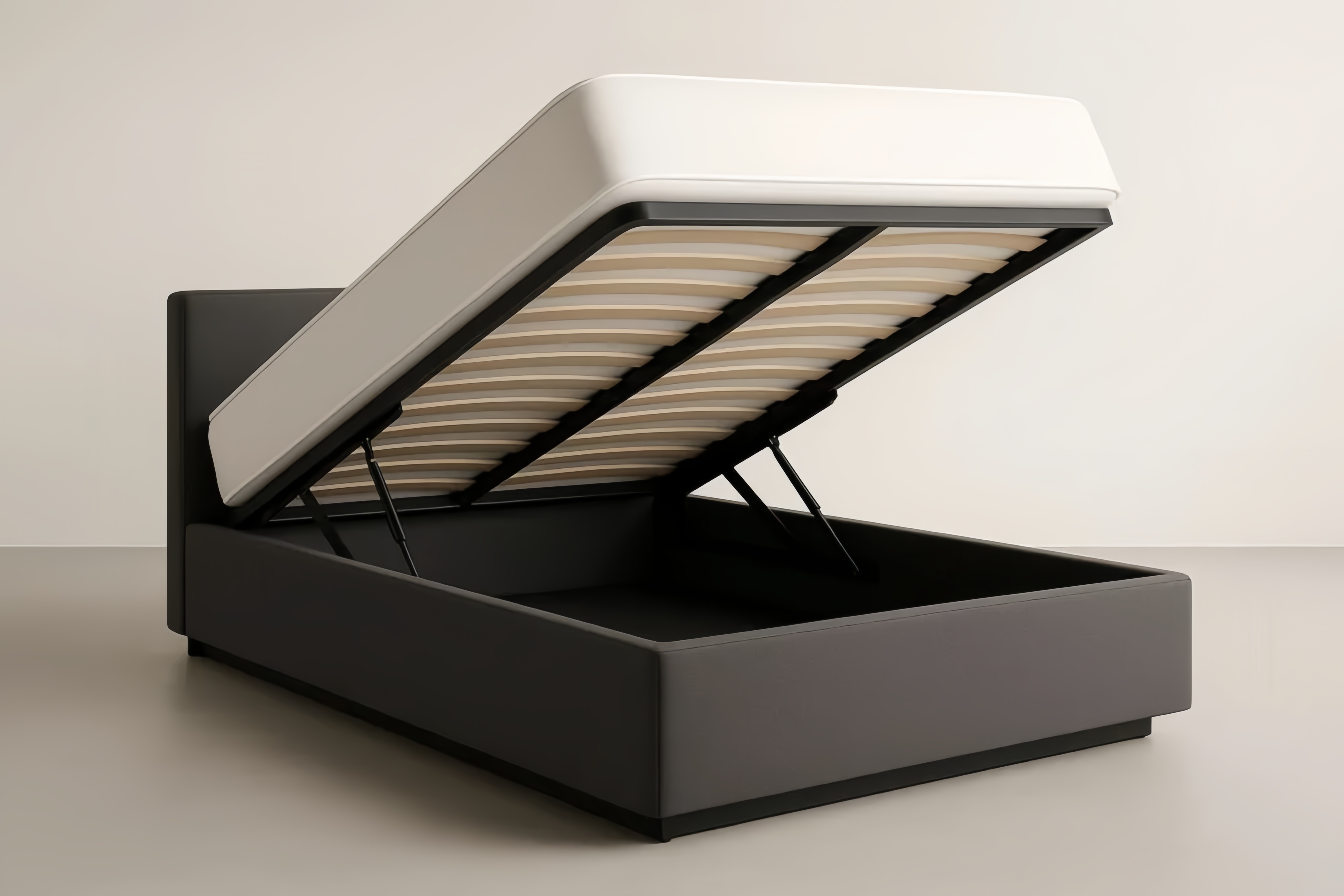 Lit coffre tissu polyester gris mécanisme hydraulique