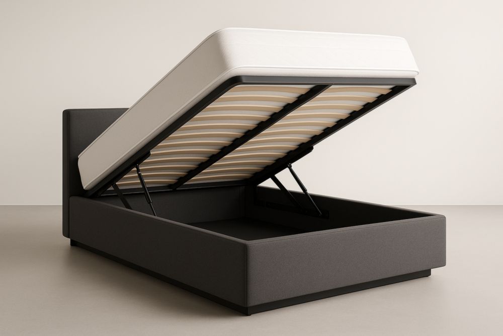 Lit coffre tissu polyester gris mécanisme hydraulique