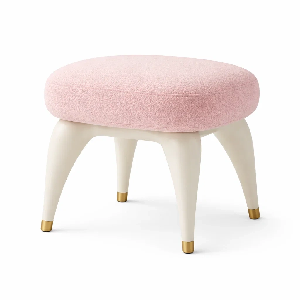 Pouf rond design moderne tissu bouclette rose pieds blancs-furniflux
