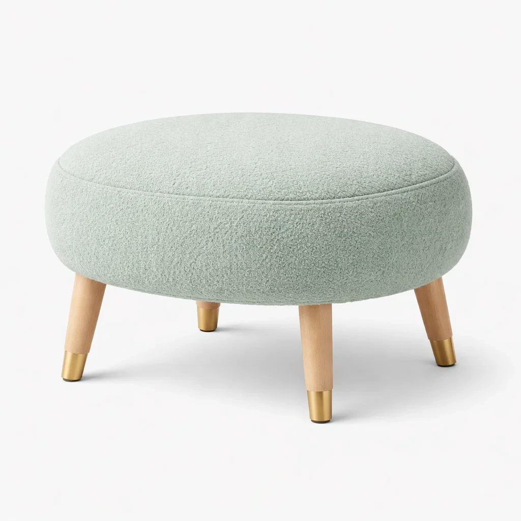 Pouf rond tissu bouclette vert clair pieds bois naturel-furniflux