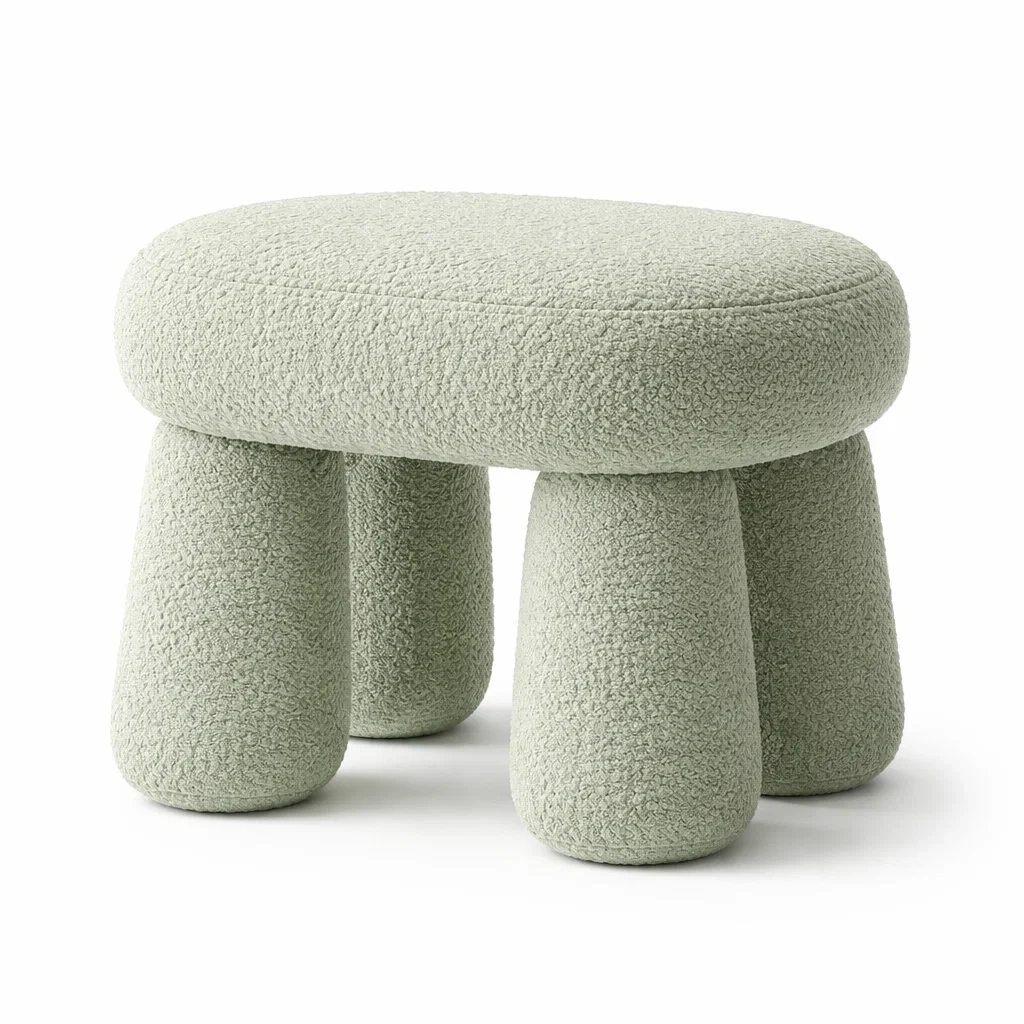 Pouf bas rond tissu bouclette vert clair pieds cylindriques-furniflux