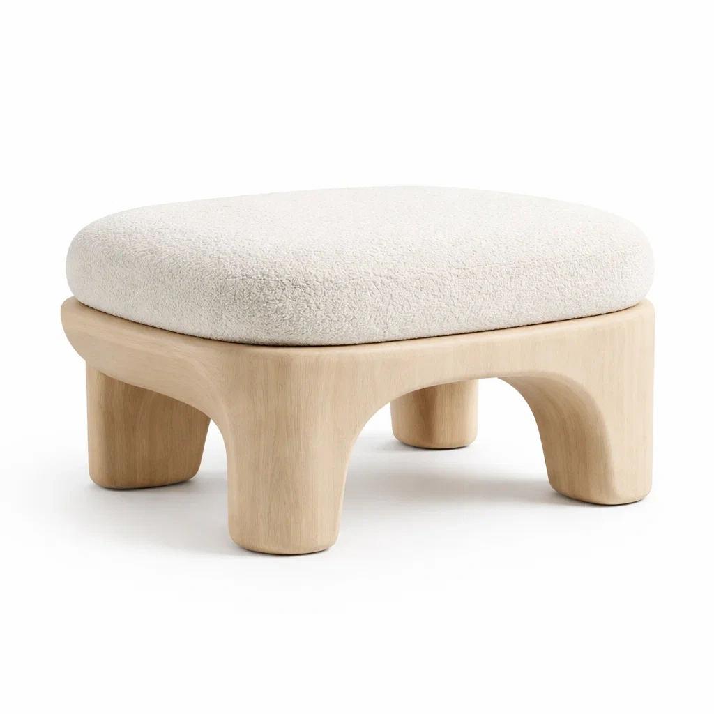 Pouf design bois massif et tissu bouclette blanc creme-furniflux