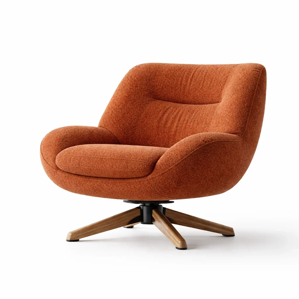 Sedia girevole in tessuto arancione con base in legno 78x87x76 cm-LUXEPLUSHSPACE