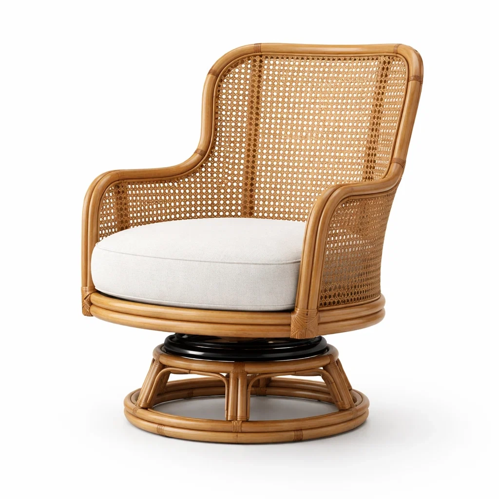 Sedia girevole in rattan con cuscino bianco-LUXEPLUSHSPACE