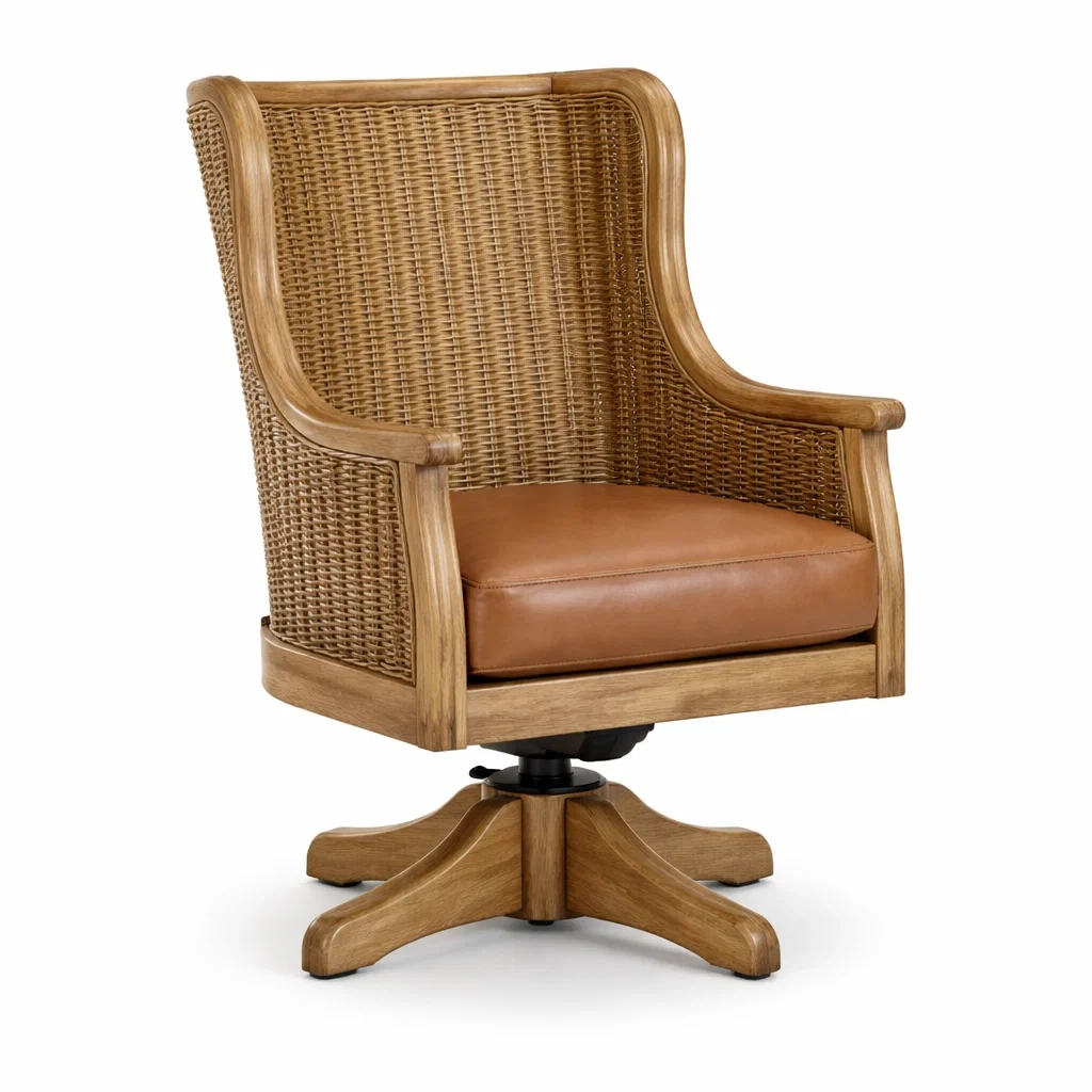 Sedia girevole in legno con seduta in pelle marrone chiaro-LUXEPLUSHSPACE