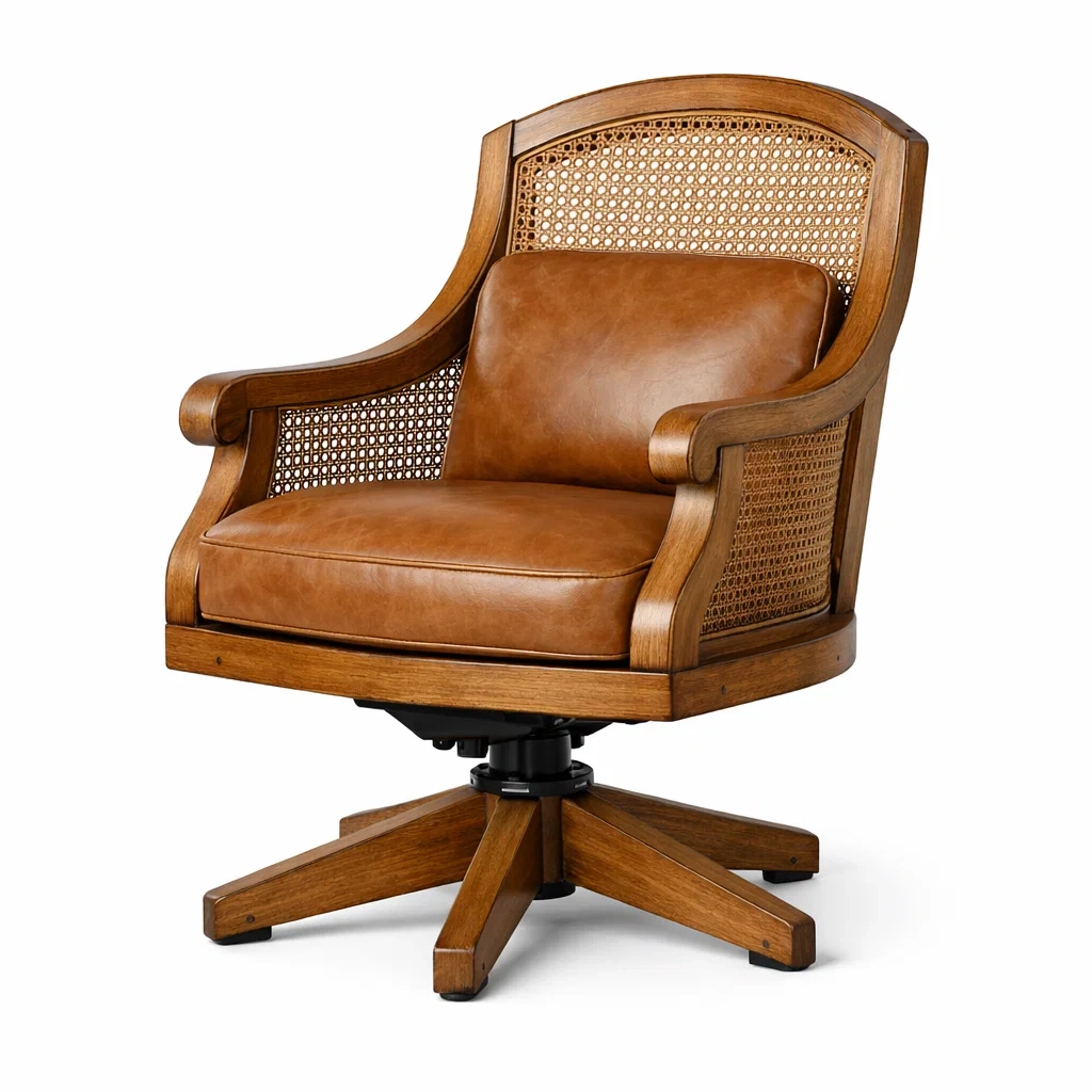 Sedia girevole in legno e pelle PU con schienale in rattan intrecciato-LUXEPLUSHSPACE