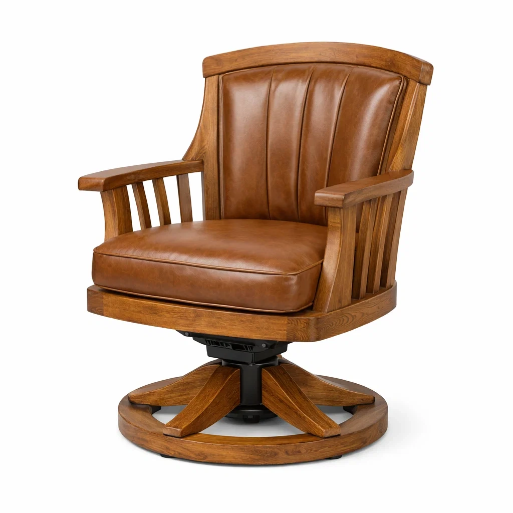 Sedia girevole in legno massello e pelle sintetica marrone-LUXEPLUSHSPACE