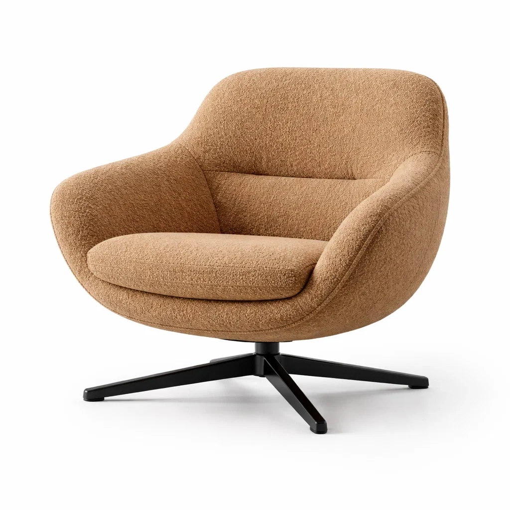 Sedia girevole in tessuto bouclé marrone con base girevole in metallo-LUXEPLUSHSPACE