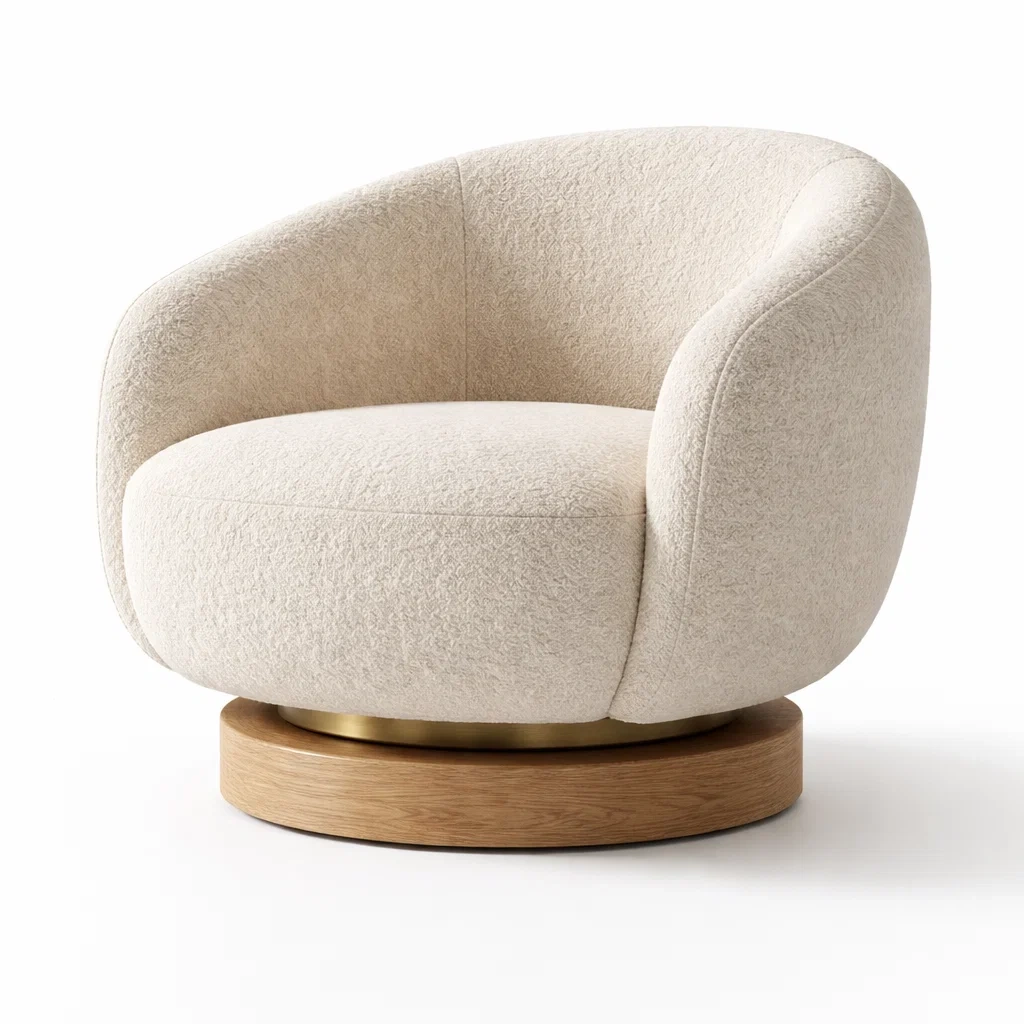 Sedia girevole rotonda in tessuto bouclé crema con base in rovere e acciaio-LUXEPLUSHSPACE