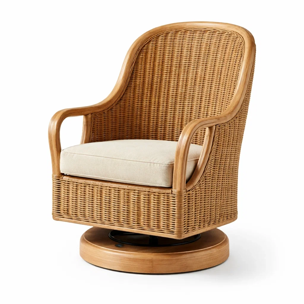 Sedia girevole in rattan con cuscino beige-LUXEPLUSHSPACE