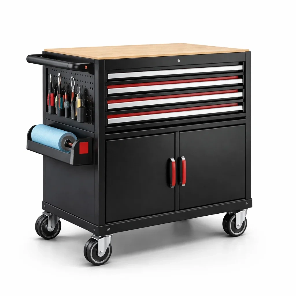 Chariot a outils avec plan de travail bois ?C Noir