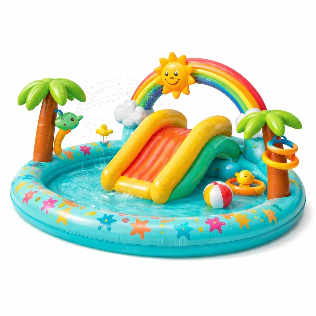 Piscine gonflable enfant avec arc en ciel et palmiers