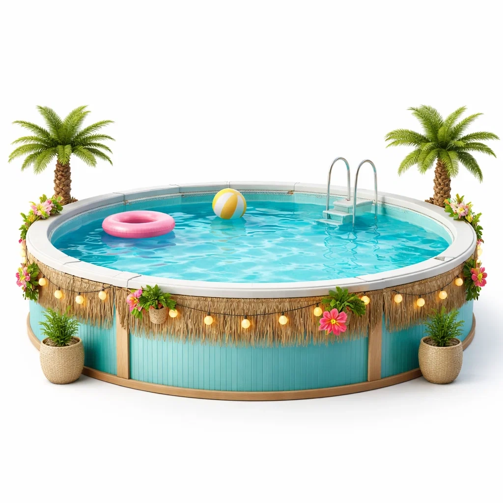 Piscine hors sol ronde decor tropical pour jardin