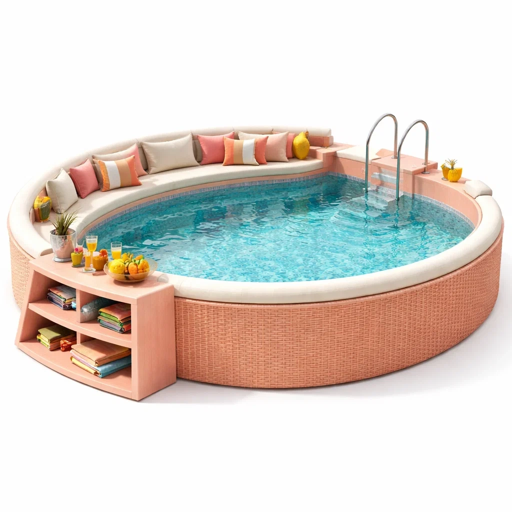 Piscine ronde design avec assise integree et rangements