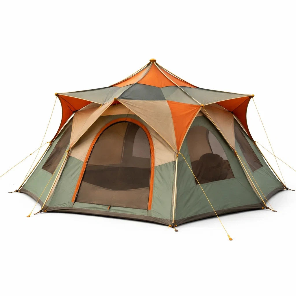 Tente camping familiale kaki et orange