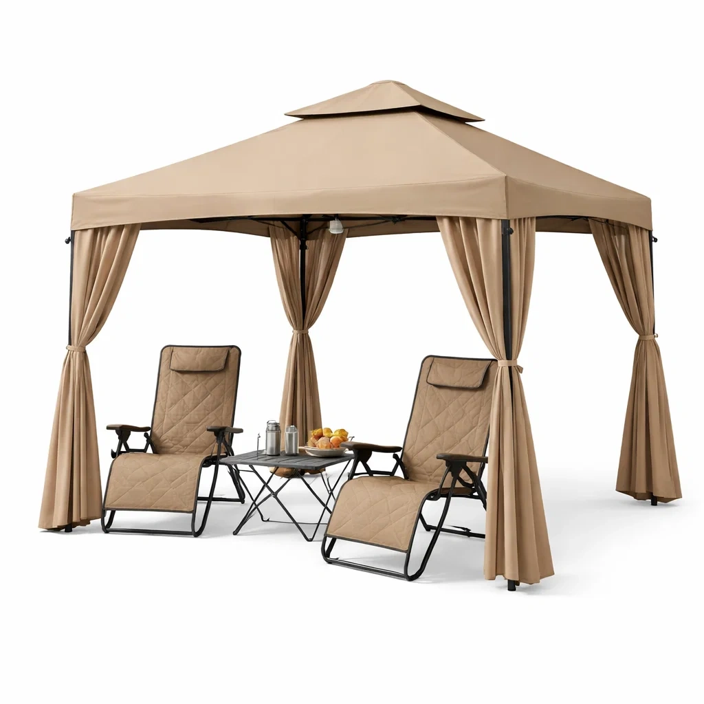 Tonnelle de jardin avec rideaux et fauteuils relax