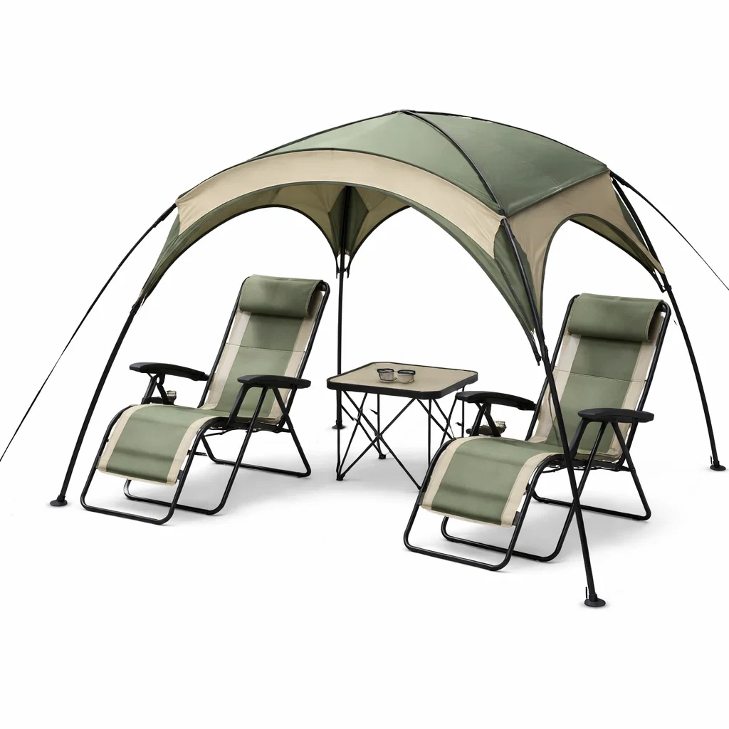 Abri de camping ombrage avec fauteuils pliants