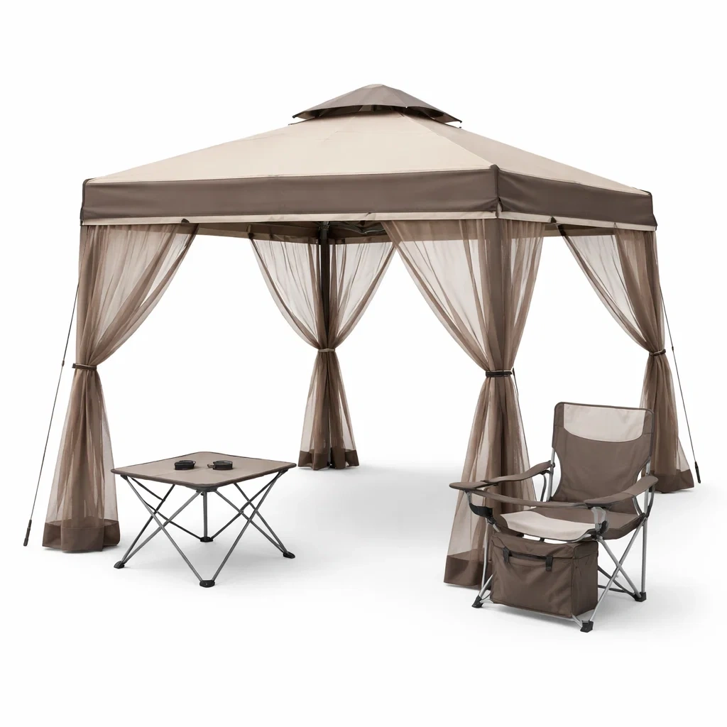 Tonnelle de jardin avec rideaux marron-pillowplot