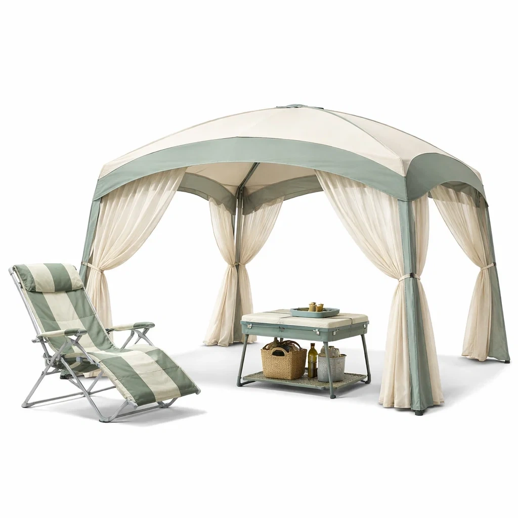 Tonnelle de jardin avec rideaux et mobilier assorti-pillowplot