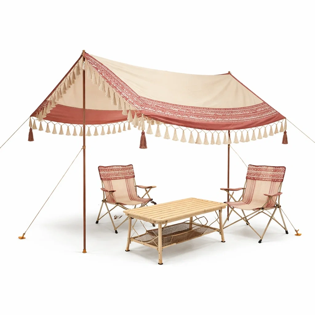 Tonnelle exterieure style boheme avec franges decoratives-pillowplot