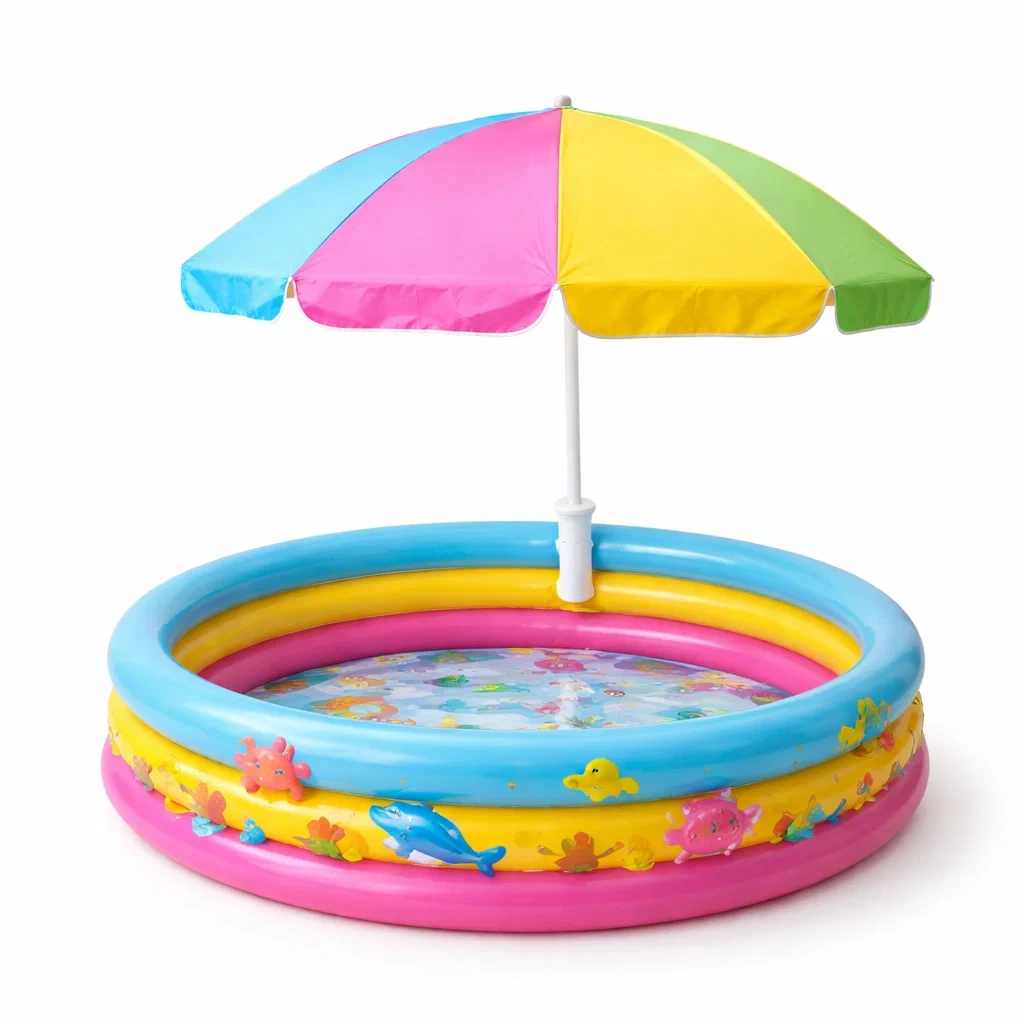 Pataugeoire gonflable ronde enfants avec parasol arc en ciel-pillowplot
