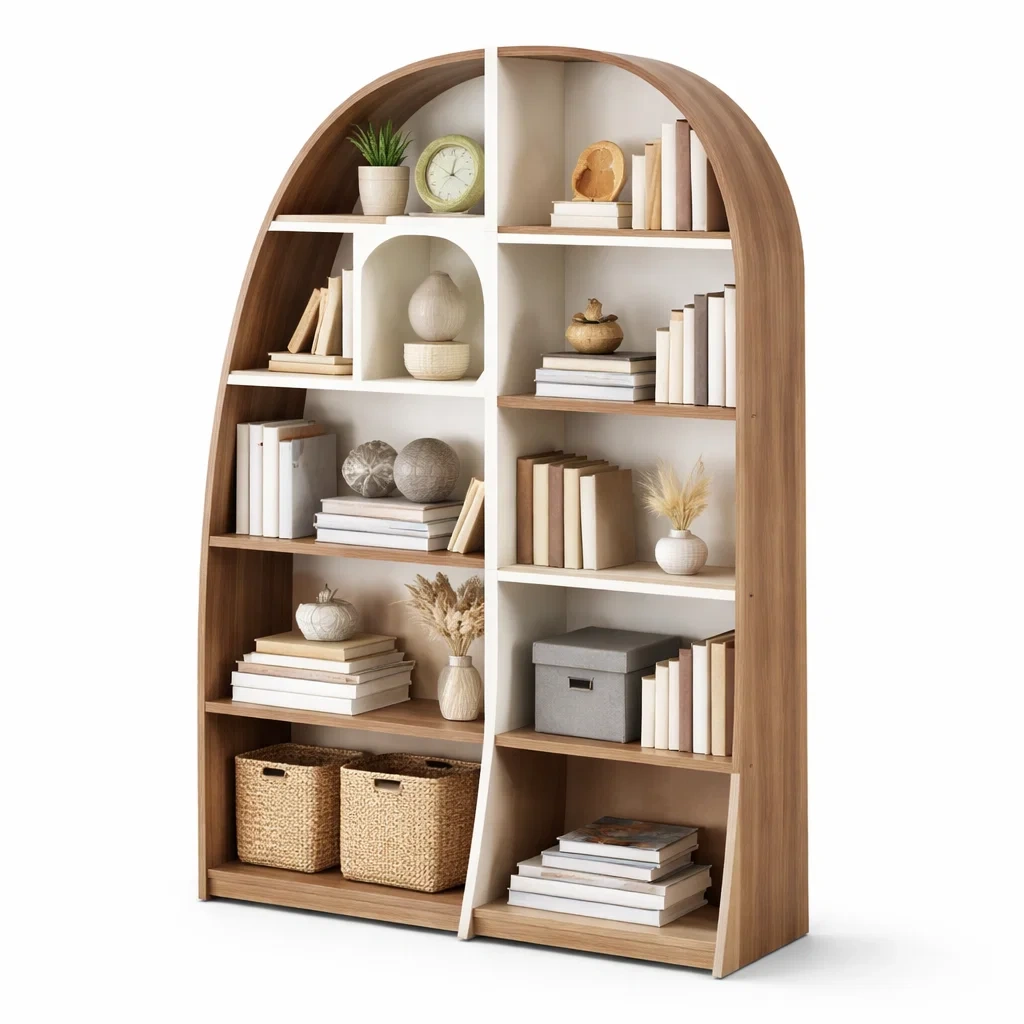 Bibliotheque haute arche en bois naturel pour salon-sofastep