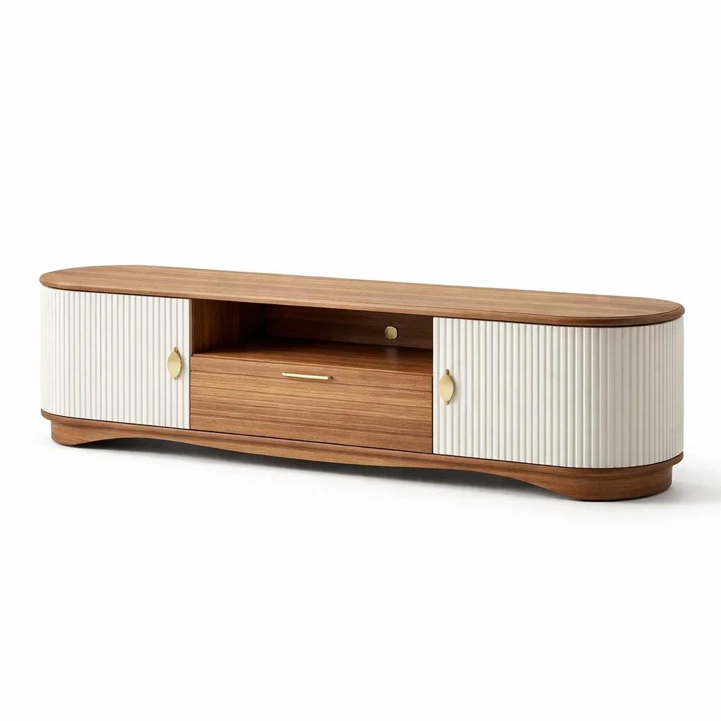 Meuble TV design arrondi en bois et portes striees blanches-sofastep