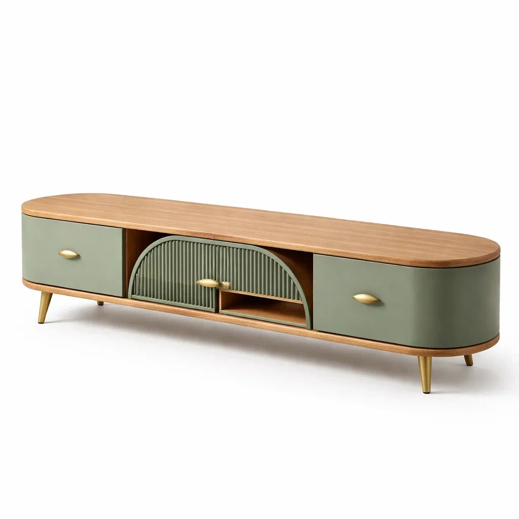 Meuble TV contemporain vert olive avec niches courbes-sofastep