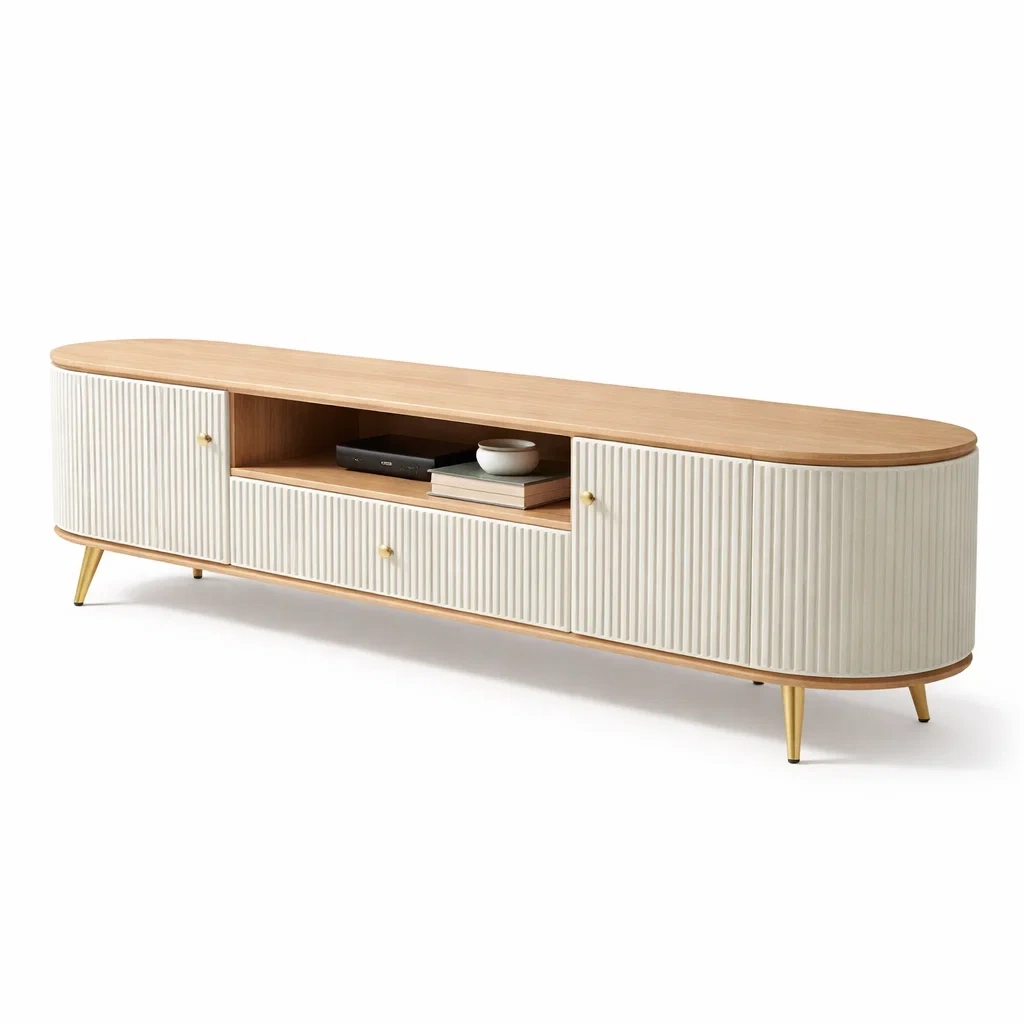 Meuble TV moderne bois clair avec portes blanches striees-sofastep