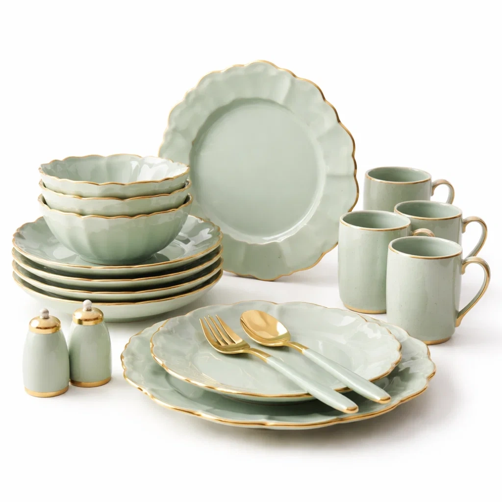 Service de vaisselle classique vert clair avec filet dore-sofastep