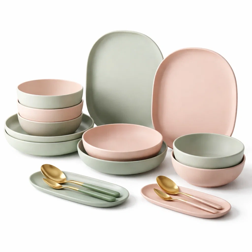 Service de table moderne rose et vert finition mate-sofastep