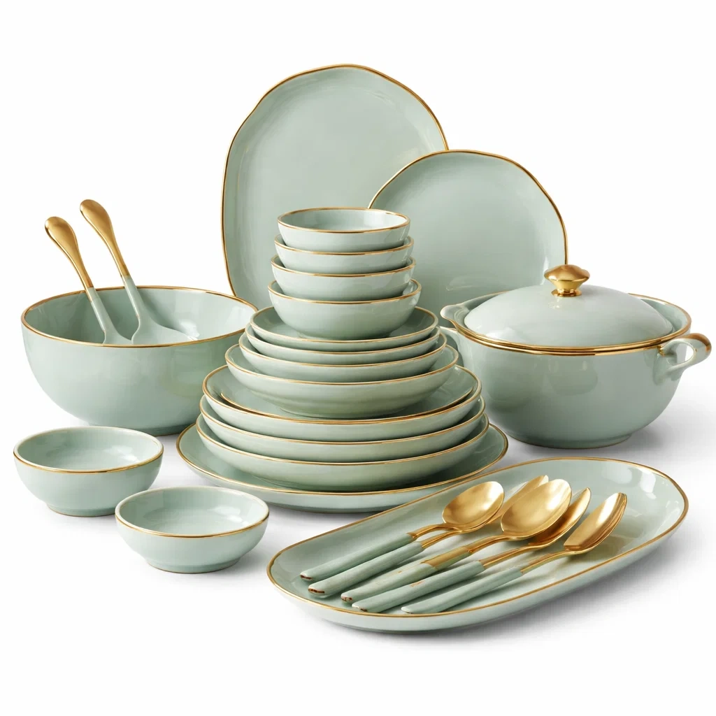Service de vaisselle complet vert jade a liseres dores-sofastep