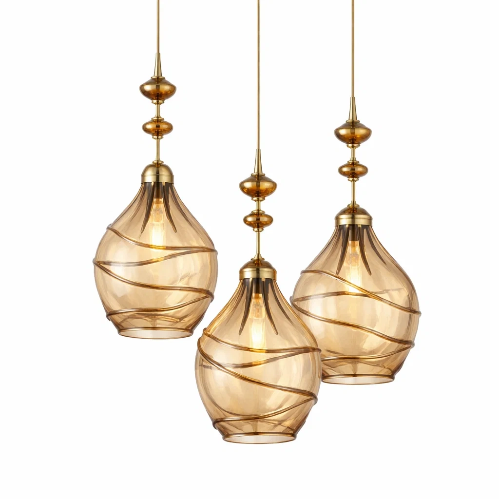 Suspension triple en verre ambre decor spiral-sofastep